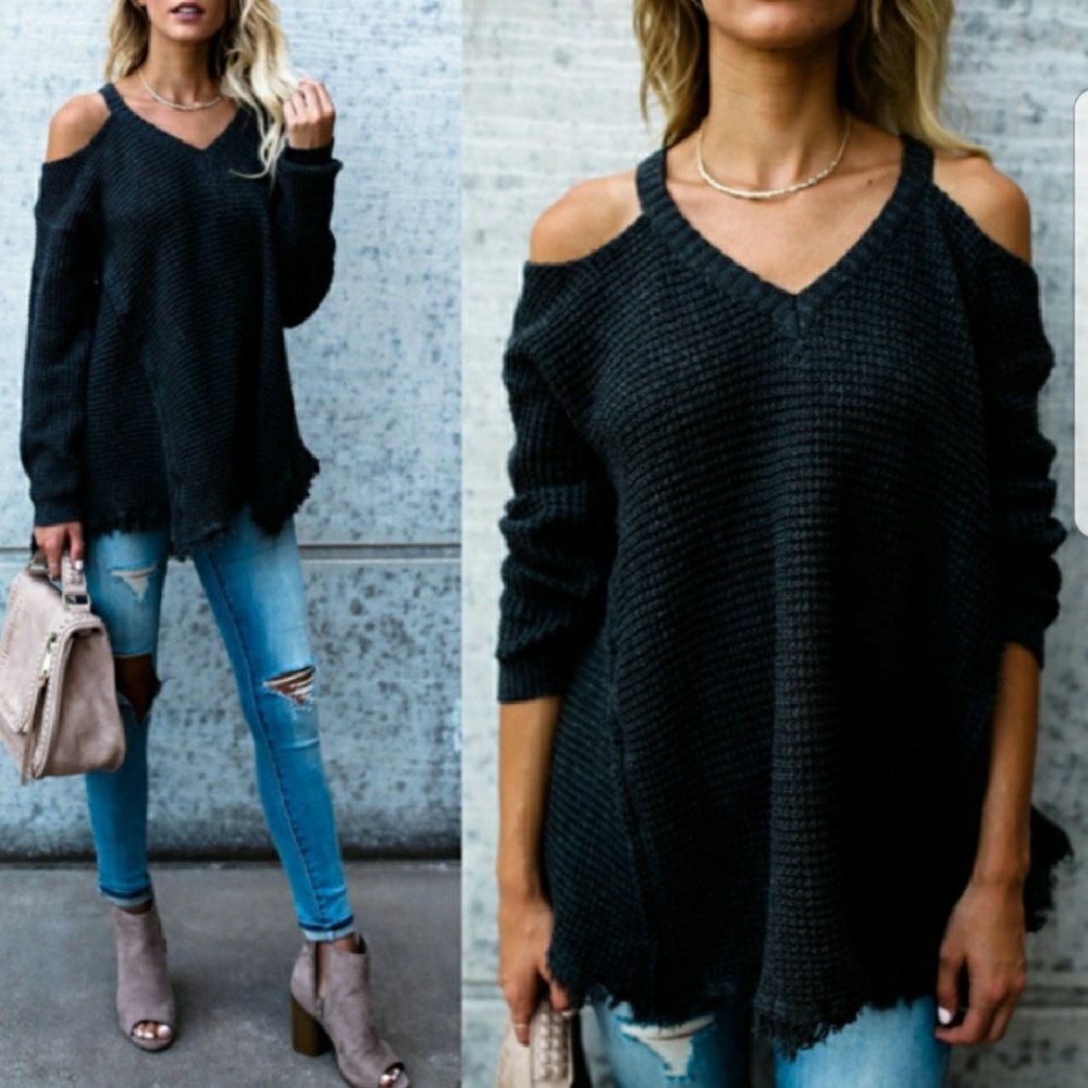 Waffle Knit Cold Shoulder Sweater - Picture 2 of 5